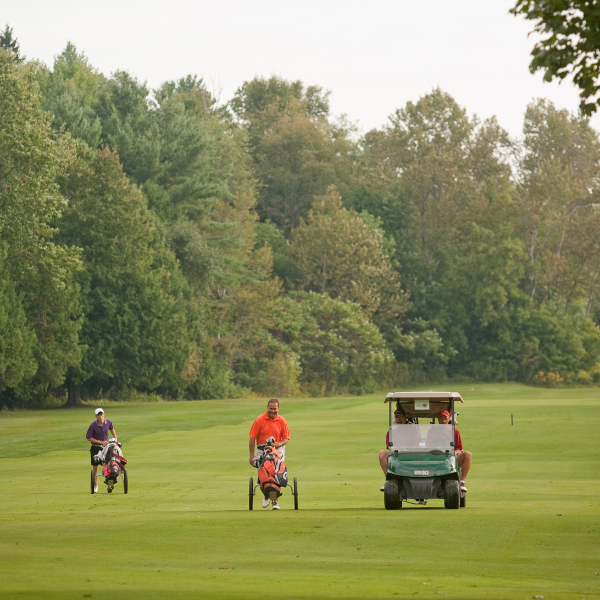 group of people playing golf with a golf cart
