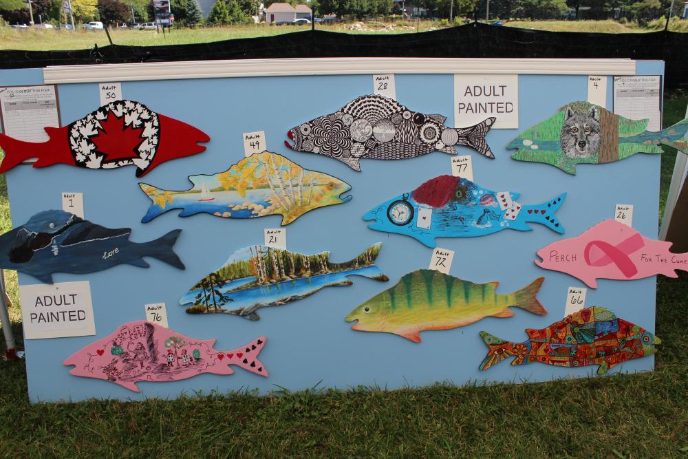 painted perch artwork on display
