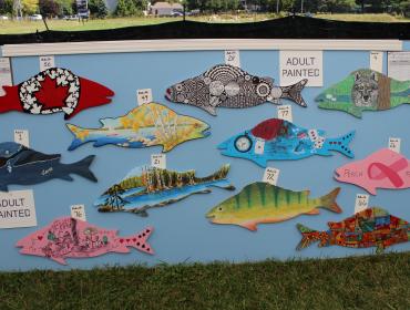 painted perch artwork on display
